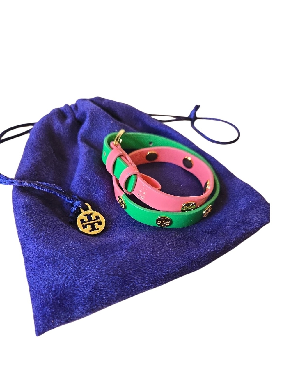 Tory Burch Pink and Green Double-Wrap Logo Stud Bracelet Size Small